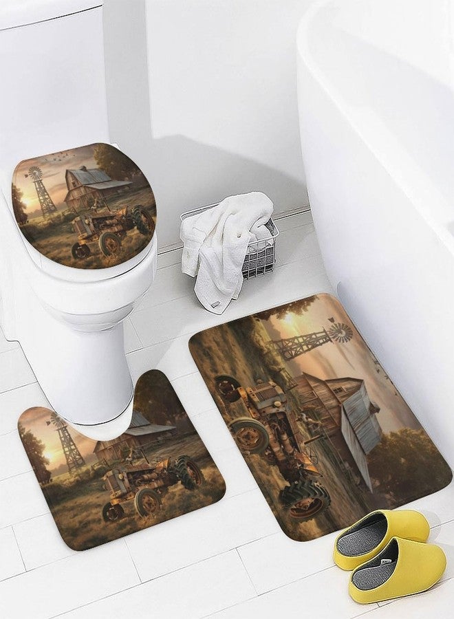 FBMLBRB 4 Pcs Vintage Watercolor Old Tractor Shower Curtain 12 Hooks, Oil Painting Western Farmhouse Harvest Farm Sunflower Tractor Bathroom Set Shower Mat Shower Curtain Rug - Image 4