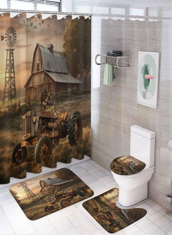 FBMLBRB 4 Pcs Vintage Watercolor Old Tractor Shower Curtain 12 Hooks, Oil Painting Western Farmhouse Harvest Farm Sunflower Tractor Bathroom Set Shower Mat Shower Curtain Rug - Image 1
