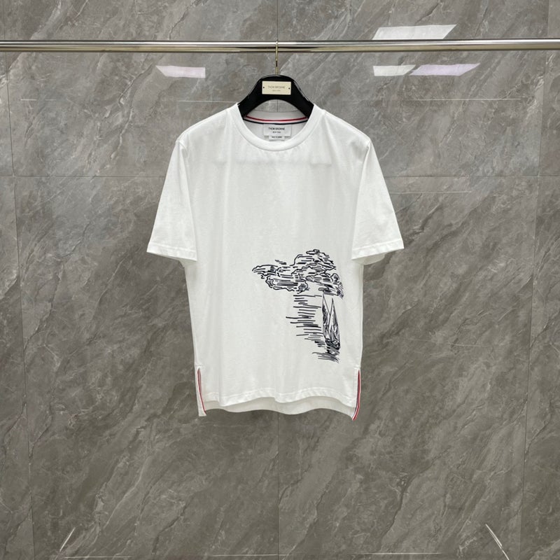 Tide Brand 24 Early Spring New Tb Classic Scenery Sailing Embroidery Men'S And Women'S Round Neck Short Sleeve T-Shirt - Image 1
