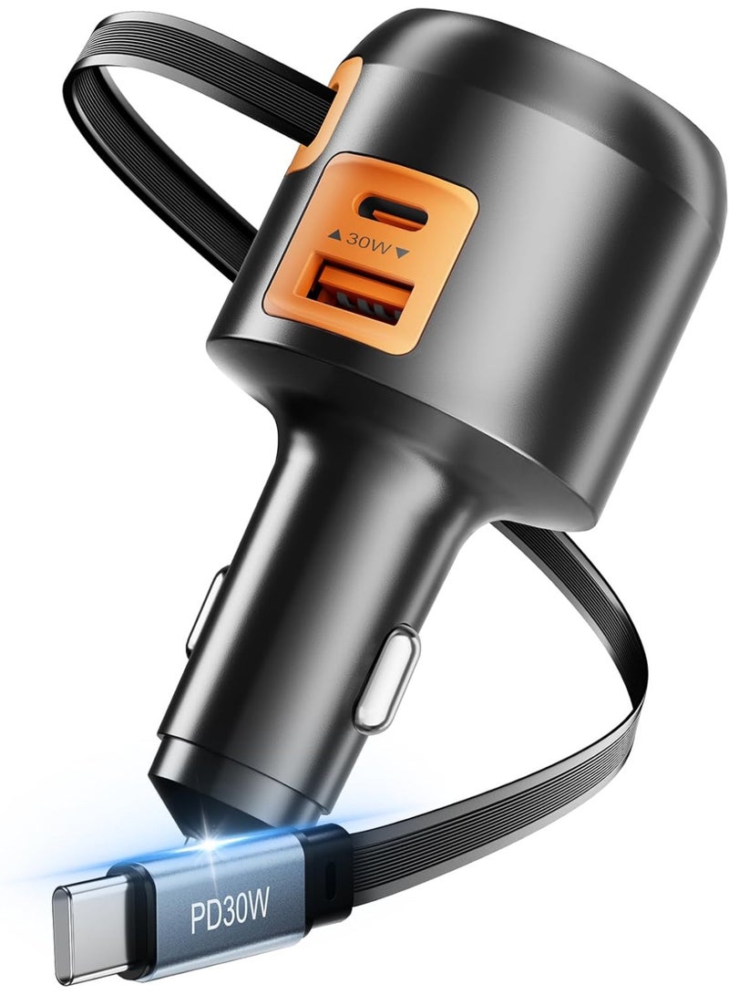 شاحن سيارة سريع 3 في 1 ، شاحن سيارة قابل للسحب 60 واط مع كابل USB C مدمج 70 سم ، محول إشعال السجائر مع موانئ USB C و USB A ، متوافق مع سلسلة iPhone ، سامسونج غالاكسي ، بيكسل ، آي باد - Image 1