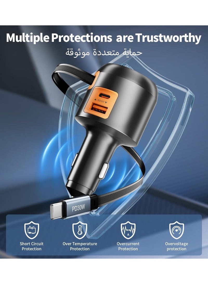 شاحن سيارة سريع 3 في 1 ، شاحن سيارة قابل للسحب 60 واط مع كابل USB C مدمج 70 سم ، محول إشعال السجائر مع موانئ USB C و USB A ، متوافق مع سلسلة iPhone ، سامسونج غالاكسي ، بيكسل ، آي باد - Image 3