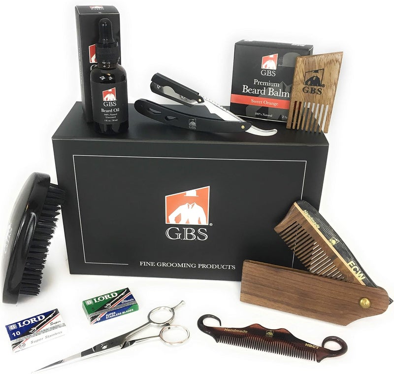 G.B.S Beard Grooming and Trimming Kit for Men, Beard Brush, Folding Comb, Mustache Comb, Beard Balm Wax and Unscented Oil, Barber Razor, Barber Scissors