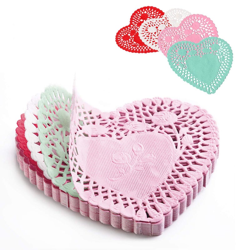 RIVCOIM Heart Doilies Elegant Paper Crafts for Valentines 4 Inch  100 Pcs in Red Pink White Blue 25 Each  Perfect for Creative Decorations