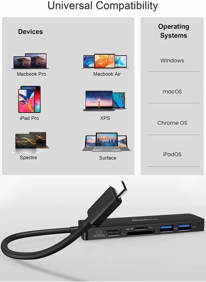 USB C Hub HDMI PD Adapter, Dockteck 6-in-1 Type C Hub with 4K 60Hz, 100W PD, SD & microSD Card Reader, 2 USB 3.0 Data 5Gbps, USB-C Adapter for for MacBook Air / Pro, Surface Pro 7 / 8, XPS and More