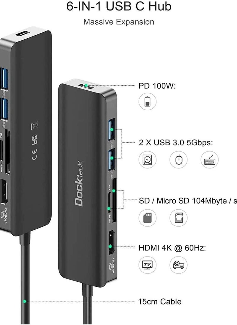 USB C Hub HDMI PD Adapter, Dockteck 6-in-1 Type C Hub with 4K 60Hz, 100W PD, SD & microSD Card Reader, 2 USB 3.0 Data 5Gbps, USB-C Adapter for for MacBook Air / Pro, Surface Pro 7 / 8, XPS and More