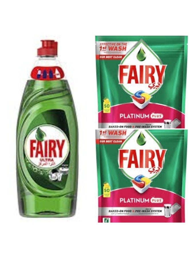 فيري كبسولات منظف بلاتينيوم بلس لغسالة الأطباق الاوتوماتيك من فيري، 50 كبسولة قطعتين + فيرى سائل مركز أصلى عبوة ٦٢٠مل هدية - Image 1