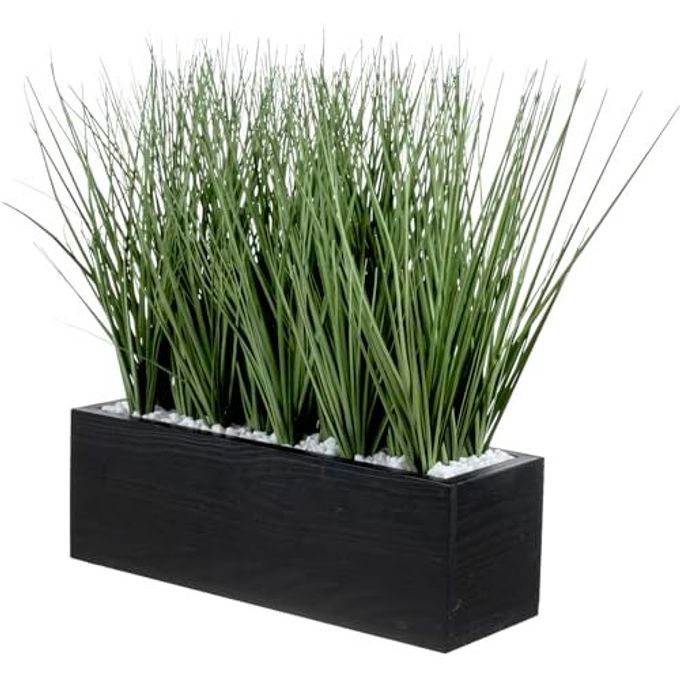 MyGift 12 Inch Desktop Artificial Green Grass Plants Faux Greenery Centerpiece with Rustic Black Solid Wood Planter Box - Image 1