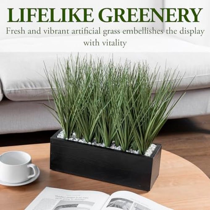 MyGift 12 Inch Desktop Artificial Green Grass Plants Faux Greenery Centerpiece with Rustic Black Solid Wood Planter Box - Image 5