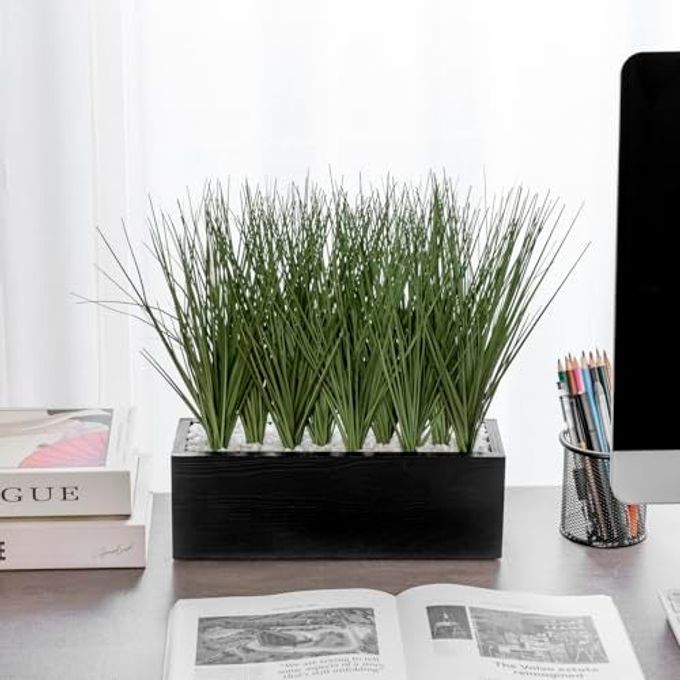 MyGift 12 Inch Desktop Artificial Green Grass Plants Faux Greenery Centerpiece with Rustic Black Solid Wood Planter Box - Image 3