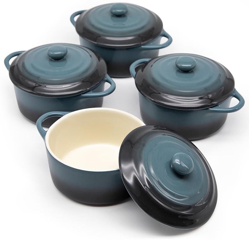 Kook Ceramic Mini Cocotte Set, Small Casserole Dishes with Lids and Handles, Individual Baking Ramekins, Oven, Microwave & Dishwasher Safe, Stoneware, 12 oz, Set of 4 (Stone Ombre) - Image 1