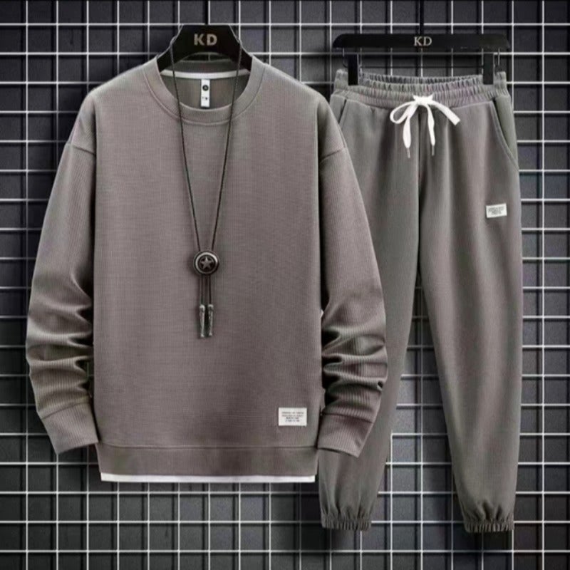 Loose Long Sleeve round Neck Sweatshirt Set Sporty Casual Pure Color Autumn Winter Fashion Hong Kong Style Knitted Polyester Set [brown]]  - Image 1