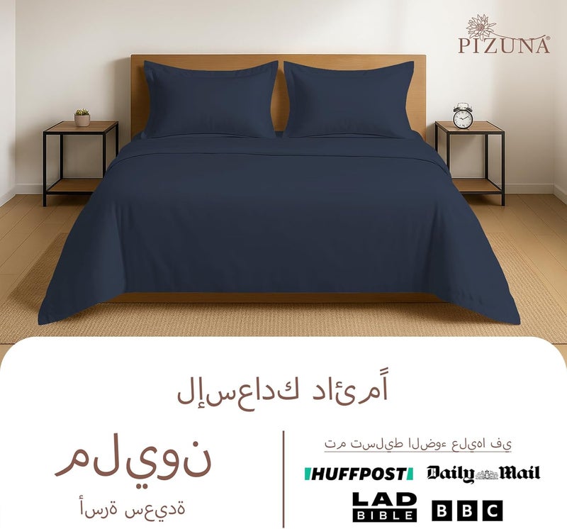 PIZUNA 100% Cotton Duvet Cover Queen Size Set 220x230 cm Dark Blue, 400 Thread Count Long Staple Cotton Sateen Weave Duvet Cover Set with 2 Pillowcases (Dark Blue Bedding Duvet Cover Sets) - Image 4