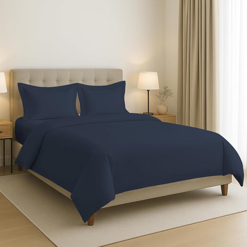 PIZUNA 100% Cotton Duvet Cover Queen Size Set 220x230 cm Dark Blue, 400 Thread Count Long Staple Cotton Sateen Weave Duvet Cover Set with 2 Pillowcases (Dark Blue Bedding Duvet Cover Sets) - Image 1