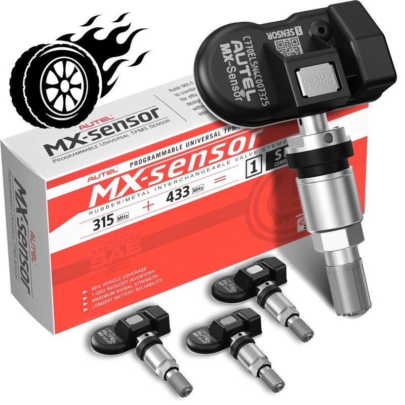 Autel TPMS MXSensor 2 in 1315Mhz433 Mhz Press in Programmable Dual Frequency TPMS Sensor OELevel Tire Pressure Monitoring System Pressin Metal Valves Pack of 4 Sensor