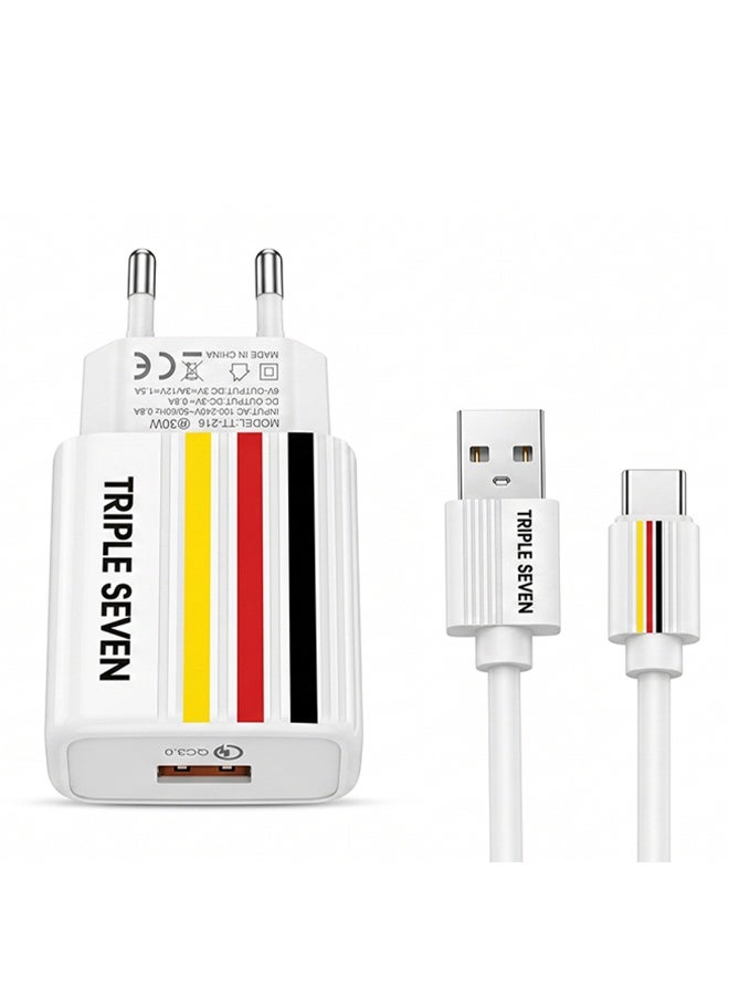 777 شاحن Triple Seven T7-218 – شحن فائق السرعة 30W QC3.0 – كابل Type-C مرفق – حماية من الشحن الزائد – لون أبيض - Image 1