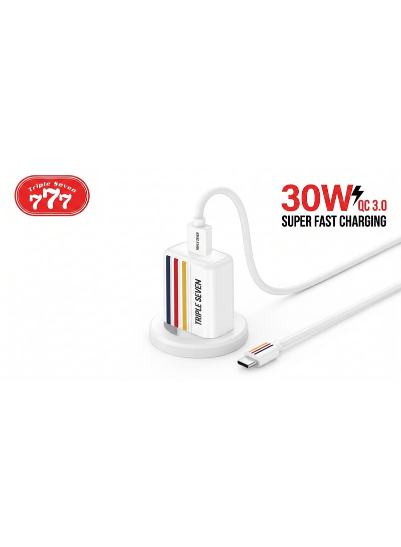 777 شاحن Triple Seven T7-218 – شحن فائق السرعة 30W QC3.0 – كابل Type-C مرفق – حماية من الشحن الزائد – لون أبيض - Image 3