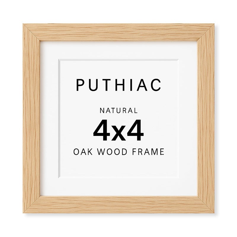 puthiac 4x4 Solid Oak Wood Picture Frame, Fits 3x3 with Mat or 4x4 Without Mat, Wall or Tabletop Display with Stand, Plexi Front, 1 Pack, Natural Oak - Image 1