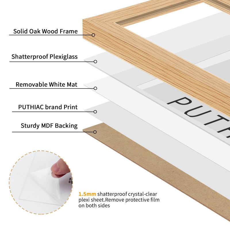 puthiac 4x4 Solid Oak Wood Picture Frame, Fits 3x3 with Mat or 4x4 Without Mat, Wall or Tabletop Display with Stand, Plexi Front, 1 Pack, Natural Oak - Image 2