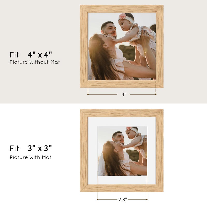 puthiac 4x4 Solid Oak Wood Picture Frame, Fits 3x3 with Mat or 4x4 Without Mat, Wall or Tabletop Display with Stand, Plexi Front, 1 Pack, Natural Oak - Image 4