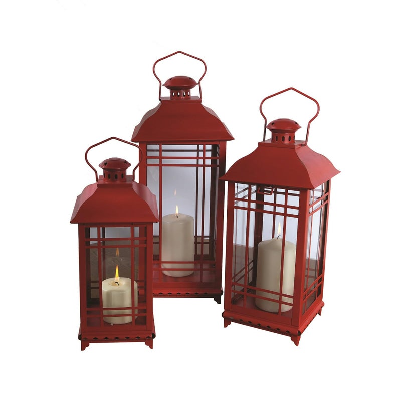 Melrose Lantern Metal  Glass Set of 3 Red Candle Lantern Rustic Farmhouse Decor for Patio Deck and Garden Tabletop and Hanging Outside Light