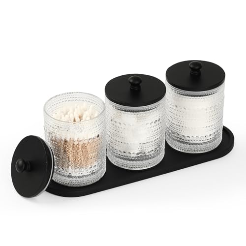 eggs sound 3 Pack Qtip Holder - Bathroom Organizers and Storage, Cotton Round Holder Floss Pick Holder Cotton Ball Holder with Tray, Glass Apothecary Jars with Lids, Cotton Pad Holder Set -clear b D - Image 1