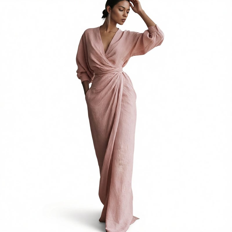Women's V-Neck Long Dress with Waist Cinching - Image 1