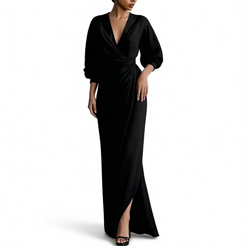 Women's V-Neck Long Dress with Waist Cinching - Image 2