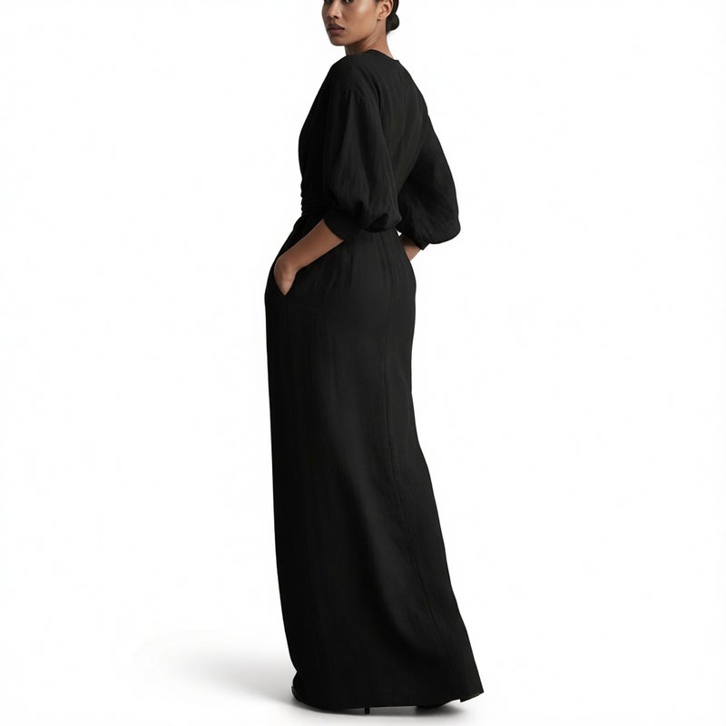 Women's V-Neck Long Dress with Waist Cinching - Image 3