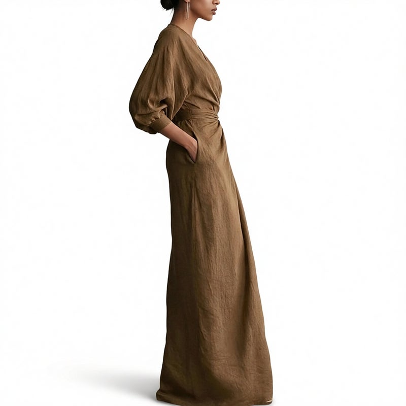Women's V-Neck Long Dress with Waist Cinching - Image 4