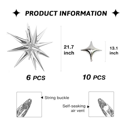 SONICEBUY Silver Star Foil Balloons Kit with 6 Pack 12 Point Star Balloons Starburst Cone Balloons Spike Balloons and 10Pcs Four Pointed Star Balloos for Wedding Baby Shower Photo Booth Birthday Party Supplies - Image 2
