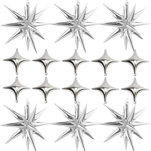 SONICEBUY Silver Star Foil Balloons Kit with 6 Pack 12 Point Star Balloons Starburst Cone Balloons Spike Balloons and 10Pcs Four Pointed Star Balloos for Wedding Baby Shower Photo Booth Birthday Party Supplies - Image 1