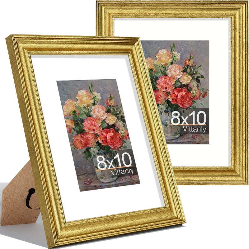 Vittanly 8x10 Picture Frames Set of 2, Ornate Vintage Photo Frame for Wall or Tabletop, Display 5x7 Pictures with Mat or 8x10 without Mat, Rustic Gold - Image 1
