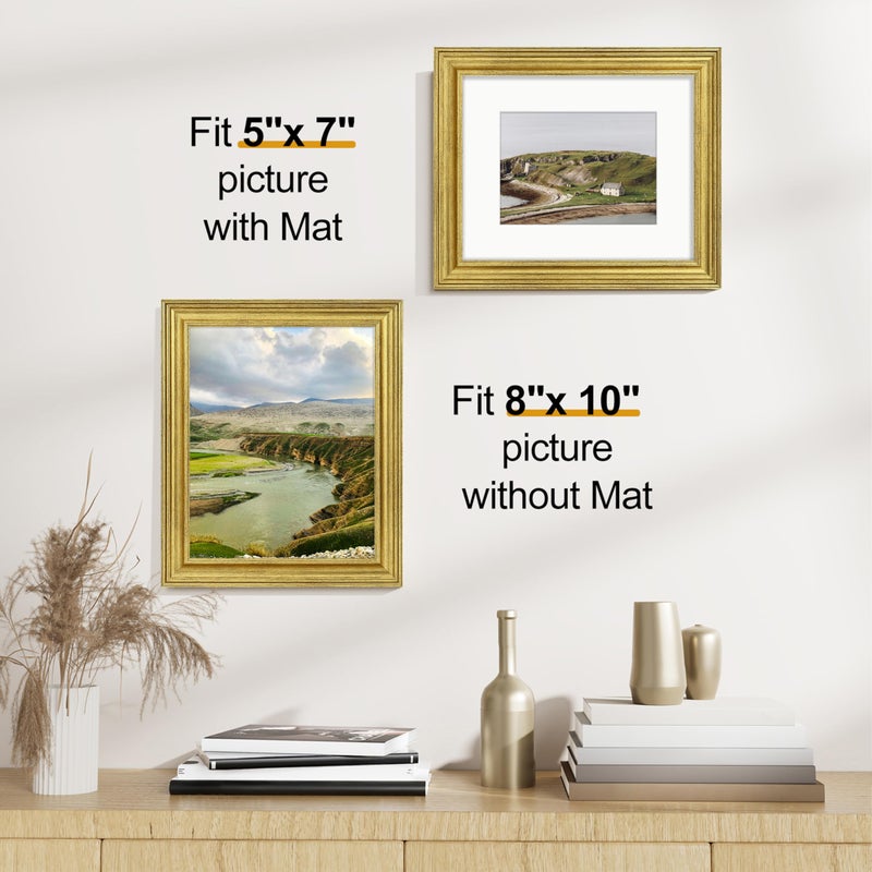 Vittanly 8x10 Picture Frames Set of 2, Ornate Vintage Photo Frame for Wall or Tabletop, Display 5x7 Pictures with Mat or 8x10 without Mat, Rustic Gold - Image 3