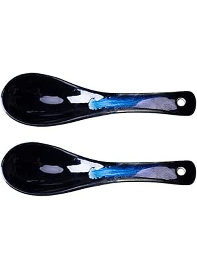 Japanese Style Ceramic Soup Spoons 2 Pieces Long Handle Porcelain Dessert Spoons - Image 1