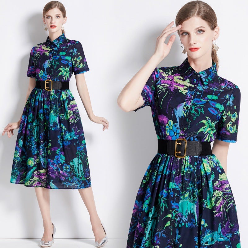 Summer Womens New Slim-fit Simple Lapel Printed Short-sleeved Large Swing Blouse Dress Cross-border Hot Womens Clothing Color 