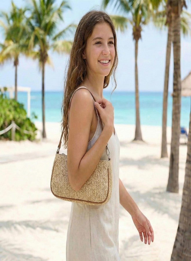 حقيبة شاطئ من القش للنساء من WTYPOPK، حقيبة يد بسحاب بوهيمية تُحمل تحت الإبط، حقيبة شاطئ صغيرة منسوجة من القش مناسبة للسفر في العطلات الصيفية - Image 2
