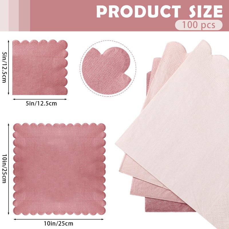 Zhanmai 100 Pack Cocktail Napkins 5 x 5 Inch Scalloped Napkins Beverage Napkins Gradient Color Paper Napkins with Scalloped Edges Thick Disposable Luncheon Napkins for Party Supplies (Dusty Pink) - Image 2