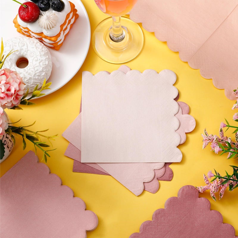 Zhanmai 100 Pack Cocktail Napkins 5 x 5 Inch Scalloped Napkins Beverage Napkins Gradient Color Paper Napkins with Scalloped Edges Thick Disposable Luncheon Napkins for Party Supplies (Dusty Pink) - Image 3