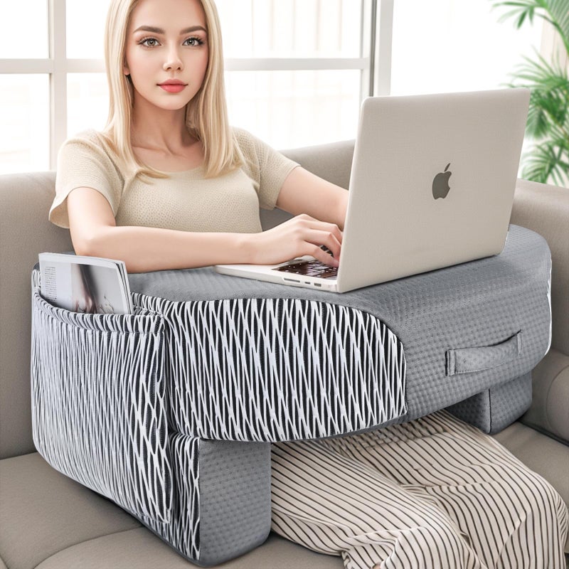 LEBENGURU Reading Pillow for Laptop, Extra Large Armrest Gaming Pillow for Working, Hight Adjustable Lap Desk Pillow for Adult Sitting in Bed, Floor, Sofaï¼ˆStripe and Greyï¼‰ - Image 1