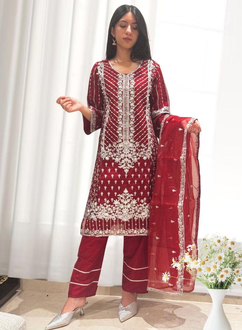Winchell's Embroidered Fancy Organza Shirt & Dupatta with Silk Trousers, Embellished with Pearls & Crystals | Red | Small - Image 1