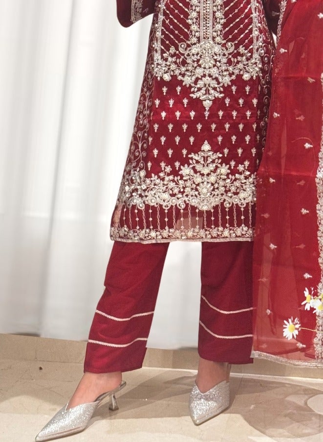 Winchell's Embroidered Fancy Organza Shirt & Dupatta with Silk Trousers, Embellished with Pearls & Crystals | Red | Small - Image 3