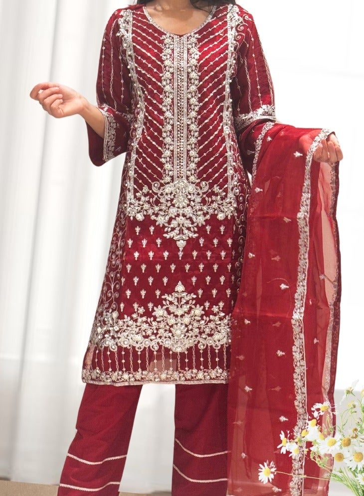 Winchell's Embroidered Fancy Organza Shirt & Dupatta with Silk Trousers, Embellished with Pearls & Crystals | Red | Small - Image 2