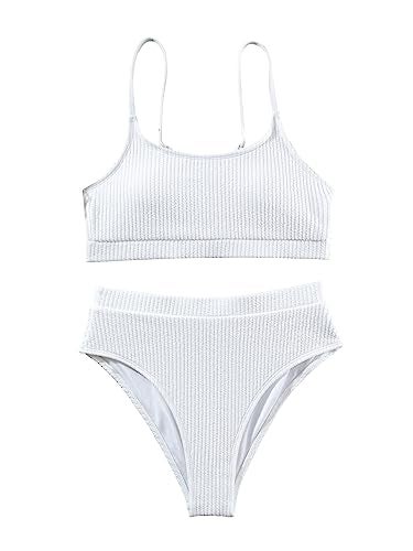 Lilosy High Waisted Tummy Control Bikini Ribbed Sporty Brazilian Swimsuit Set Women Highwaisted Cheeky Cut Leg Rise Bottom Crop Push Up Top 2 Piece Bathing Suit White Medium - Image 4