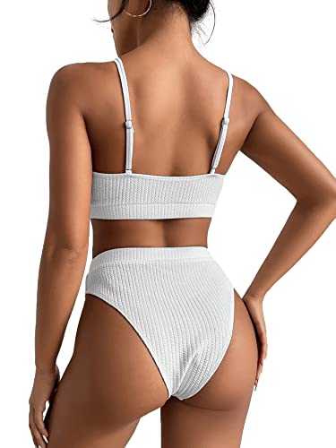 Lilosy High Waisted Tummy Control Bikini Ribbed Sporty Brazilian Swimsuit Set Women Highwaisted Cheeky Cut Leg Rise Bottom Crop Push Up Top 2 Piece Bathing Suit White Medium - Image 3