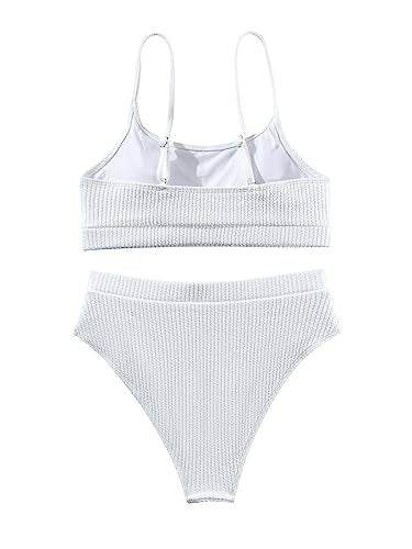 Lilosy High Waisted Tummy Control Bikini Ribbed Sporty Brazilian Swimsuit Set Women Highwaisted Cheeky Cut Leg Rise Bottom Crop Push Up Top 2 Piece Bathing Suit White Medium - Image 5