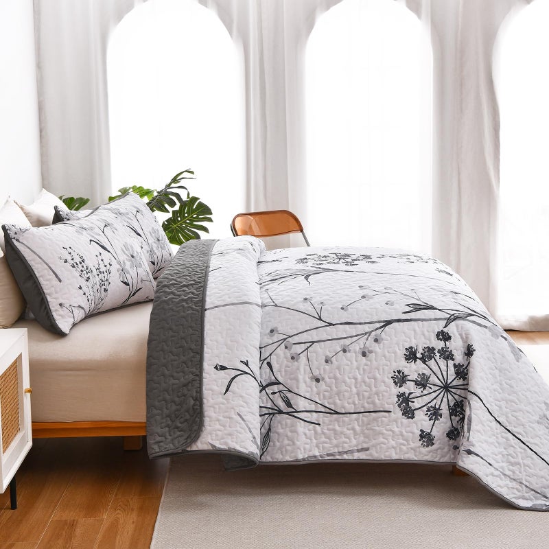 Dobuyly Floral Quilt Queen Size Set, Grey and White Botanical Queen Quilt Bedding Set 3 Pieces Soft Lightweight Microfiber Bedspread Coverlet Set for All Season, 96"x90" - Image 4