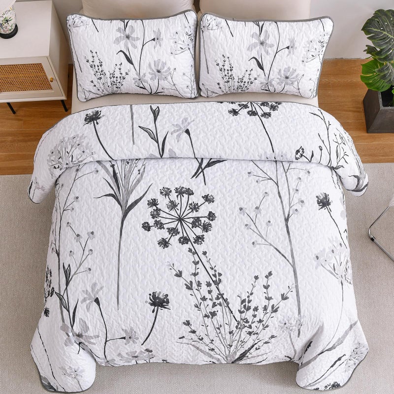 Dobuyly Floral Quilt Queen Size Set, Grey and White Botanical Queen Quilt Bedding Set 3 Pieces Soft Lightweight Microfiber Bedspread Coverlet Set for All Season, 96"x90" - Image 3