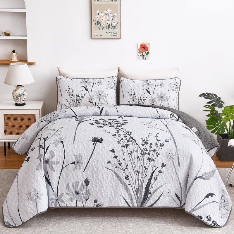 Dobuyly Floral Quilt Queen Size Set, Grey and White Botanical Queen Quilt Bedding Set 3 Pieces Soft Lightweight Microfiber Bedspread Coverlet Set for All Season, 96"x90" - Image 1