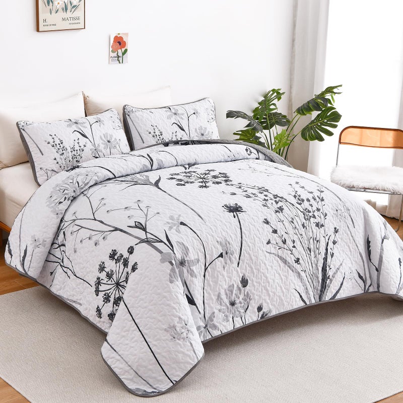 Dobuyly Floral Quilt Queen Size Set, Grey and White Botanical Queen Quilt Bedding Set 3 Pieces Soft Lightweight Microfiber Bedspread Coverlet Set for All Season, 96"x90" - Image 2