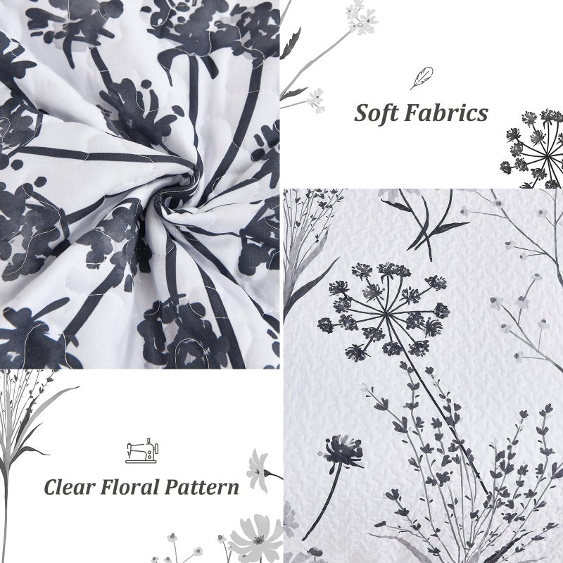 Dobuyly Floral Quilt Queen Size Set, Grey and White Botanical Queen Quilt Bedding Set 3 Pieces Soft Lightweight Microfiber Bedspread Coverlet Set for All Season, 96"x90" - Image 5